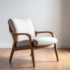 Elegant Wooden Armchair with White Cushion in a Brightly Lit Room.