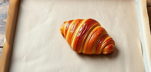 Golden-brown, perfectly-flaky single croissant on a parchment-lined baking sheet,  confectionery,  breakfast