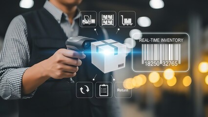 Warehouse worker using barcode scanner for real-time inventory management