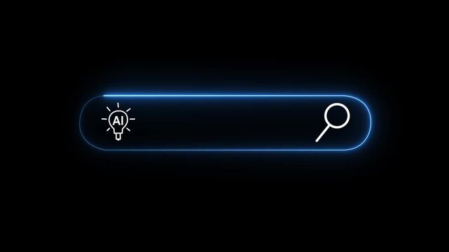 animated ai lightbulb idea and search icon on black background with blue neon outline, technology, artificial intelligence, innovation, or online search