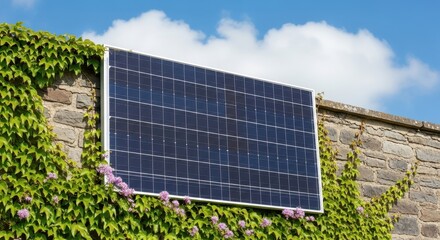 Modern solar panel installation on a brick wall surrounded by lush green vegetation under a bright blue sky.