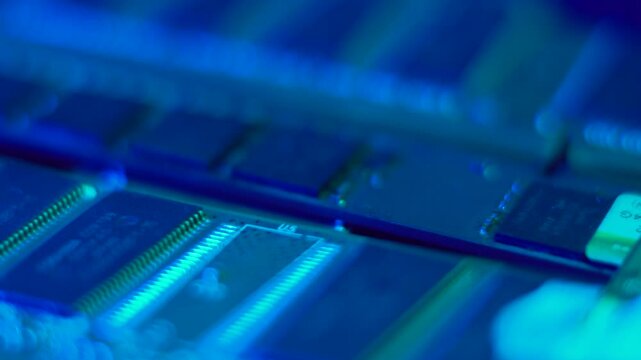 Computer RAM Memory Sticks in Blue Light, Close Up