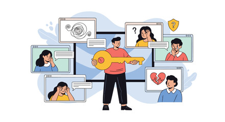 Fototapeta premium Man holding a giant golden key representing solutions and support for people experiencing various mental and emotional distress on screens.