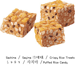 Traditional Chinese Sachima Sweet Snack with Nuts and Raisins on White Background