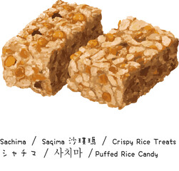 Traditional Sachima Chinese Sweet Snack with Peanuts Isolated White Background Close up Illustrate