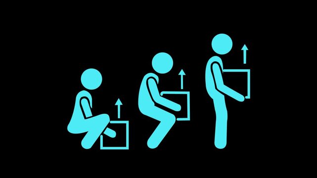 Sequence of animated figures demonstrating correct lifting technique with a box and upward arrow, safety at work, or ergonomic principles