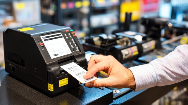 Label printer thermal printer barcode label hand office equipment printing process label printing business technology workspace label machine barcode scanner desk paper label office desk close up