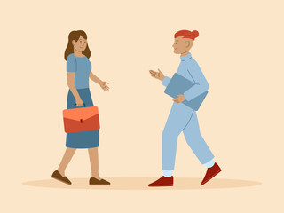 Two business associates meeting and passing each other indicates an imminent or ongoing discussion. Busy People illustration. Flat vector concept.