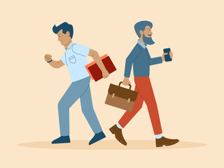 Two professional businesspeople in a busy work setting, walking in opposite directions. Busy People illustration. Flat vector concept.