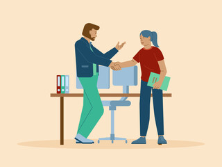 A manager and employee shake hands as a sign of a successful negotiation or partnership. Busy People illustration. Flat vector concept.