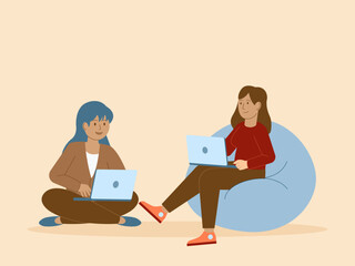 Two woman working from home with a laptop. Busy People illustration. Flat vector concept.