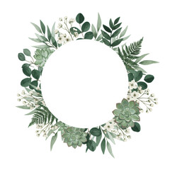 Fototapeta premium watercolor illustration of asymmetrical botanical wreath with eucalyptus, sage succulents, and white flowers on a white background with copy space. Concept for elegant invitation design