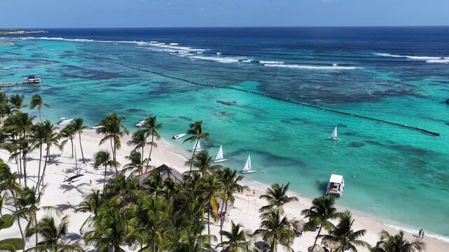 Punta Cana Skyline In La Altagracia Dominican Republic. Caribbean Skyline. Beach Landscape. Nature Seascape. Punta Cana Skyline In Punta Cana In La Altagracia Dominican Republic. Scenic Palm Trees.