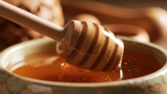 Golden honey drips slowly from a carved wooden dipper into a ceramic bowl, creating a sweet and natural food photograph