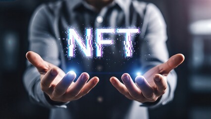 Hands of a man holding glowing NFT text, showcasing digital assets in a modern environment, representing the future of cryptocurrency and blockchain technology