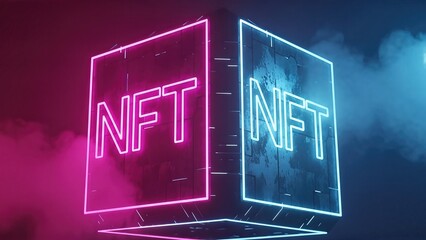 Neon NFT cube illuminated in vibrant pink and blue hues, surrounded by a misty atmosphere, representing the digital art revolution and cryptocurrency investments in a modern context