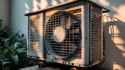 Aged Air Conditioner Unit with Weathered Metal Casing and Retro Design, Highlighting Classic Cooling Technology and Timeworn Industrial Home Appliance