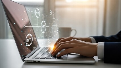 Hands of a business professional typing on a laptop with digital NFT symbols and cryptocurrency graphics, illustrating the concept of modern crypto investments and digital assets
