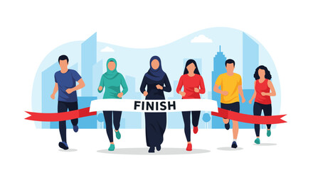 Diverse group of male and female athletes including a woman in a hijab running a marathon to the finish line.