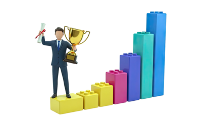 Businessman holding trophy and diploma in front of bar graph