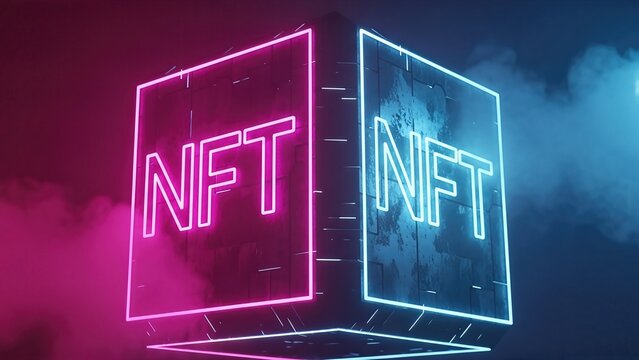 Neon NFT cube illuminated in vibrant pink and blue hues, surrounded by a misty atmosphere, representing the digital art revolution and cryptocurrency investments in a modern context - Powered by Adobe