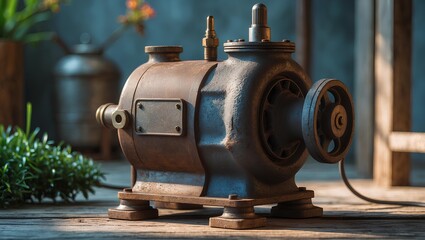 Fototapeta premium Aged Air Pump with Weathered Metal Finish Representing Early Mechanical Engineering, Industrial Utility, Compressed Air Systems, and the History of Workshop Tools