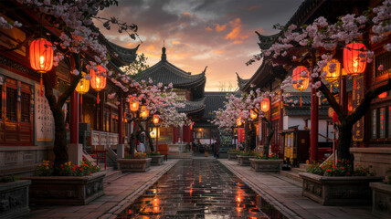 Fototapeta premium Enchanting traditional Asian street with glowing red lanterns and delicate pink cherry blossoms reflecting on wet cobblestones at twilight