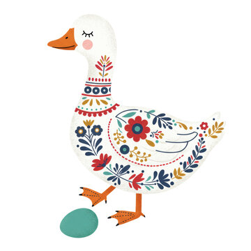 stylized vector of a peaceful white goose covered in intricate scandinavian folk patterns (red, blue, yellow), walking towards three teal eggs on white. concept for children's decor