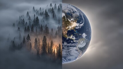 Conceptual split image contrasts a smoky burning forest with a serene view of Earth in space, evoking urgency, global warming, and environmental responsibility visuals.
