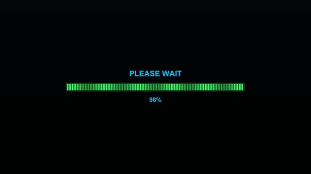 Progress bar animation is displayed on black background. It shows a loading process for a streamer or video creator. The message prompts viewers to please wait as the action loads.