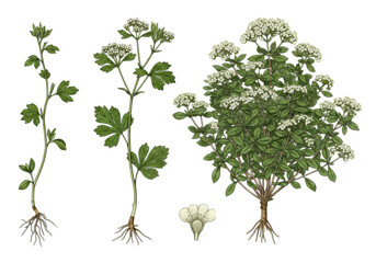 Obraz premium collection of detailed botanical illustrations showing a plant's full life cycle (seedling to seed head), precise ink linework, muted watercolor washes, white background. concept of scientific