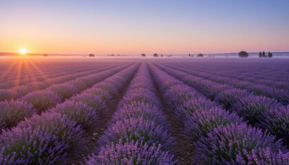 Obraz premium Beautiful purple lavender flowers bloom in a rural Provence farm landscape under a glowing sunset sky in the French countryside