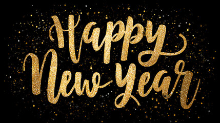 Gold lettering Happy New Year text with sparkling glitter elements on a dark background, vector illustration on a white background