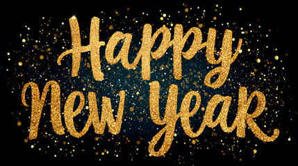 Gold lettering Happy New Year text with sparkling glitter elements on a dark background, vector illustration on a white background