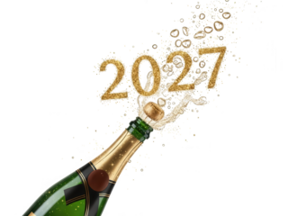 Celebratory Champagne Bottle with Bubbles and 2027 Text.