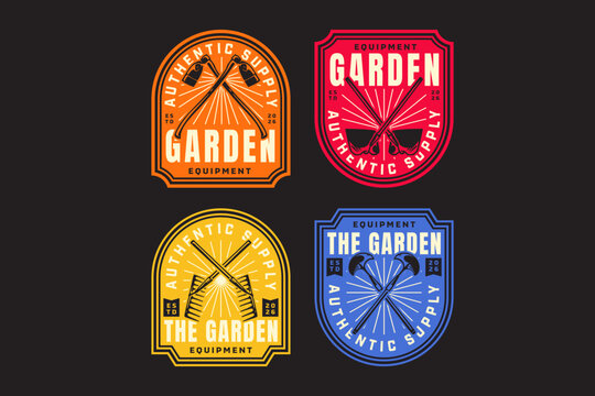 Gardening and farming tools retro badge logo design set with pitchfork, hoe, hacksaw, mattock, hack, rake. Farm, agricultural and yard equipment sticker patch design pack. Vector illustration