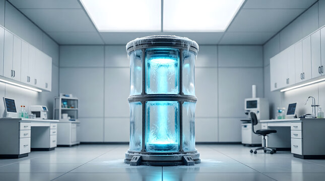 Quantum computer cryostat glowing in a futuristic research laboratory - deep tech innovation background