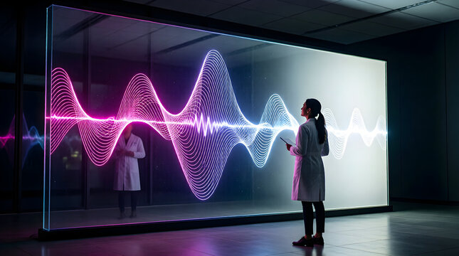 Woman analyzing quantum computing data visualization - futuristic technology and artificial intelligence concept - Powered by Adobe