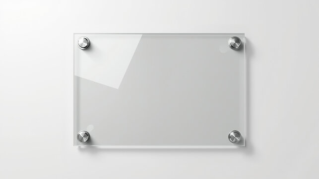 A transparent glass rectangle is mounted on a white wall, supported by four metal screw standoffs in each corner. It features a thin silver aluminum frame, creating a floating sign effect with soft in