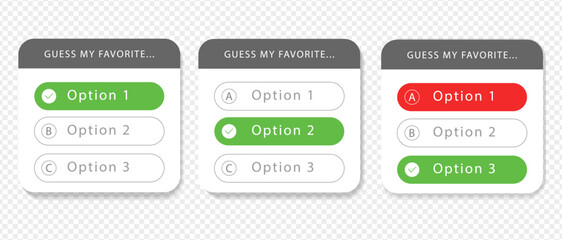 Set of interactive social media story stickers for quizzes. "Guess my favorite" poll design with multiple options, green checkmarks, and red icons. Vector templates on transparent background.
