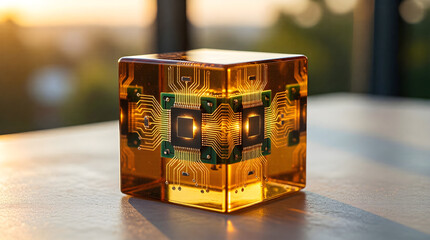Quantum computing concept of stable memory in a glowing cube - future technology and data storage innovation.