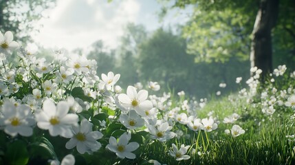 White Lilies Bloom in a Sunny Forest Meadow
