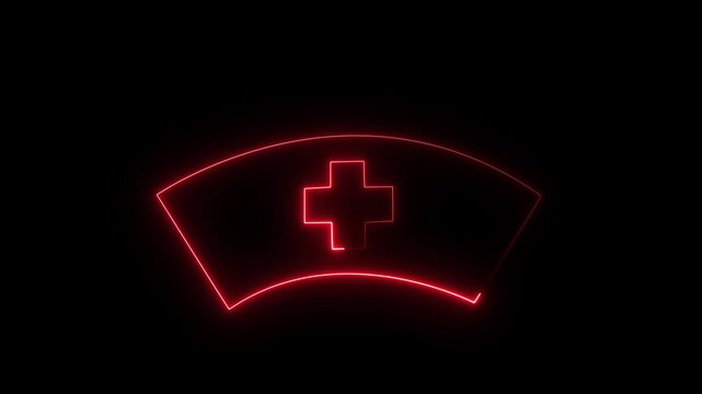 Glowing red neon nurse's cap with a prominent cross symbol animation on a black background, representing healthcare, medical services, hospital care, or nursing profession