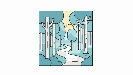 Obraz premium Illustration of a tranquil forest scene with a winding path and distant sun