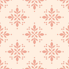Elegant pink floral seamless pattern with damask style leaf ornaments and dots on a light beige background, perfect for textiles and wallpaper.