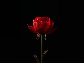 Fototapeta premium Single red flower on a dark background. Elegant floral portrait with dramatic lighting symbolizing beauty, love, and romance.