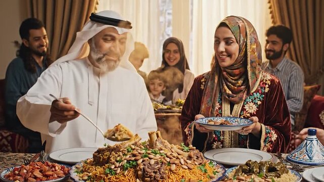 People share a lavish feast of traditional Middle Eastern dishes, serving from large platters