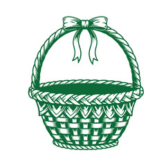Fototapeta premium Green wicker basket with bow handle isolated on transparent background