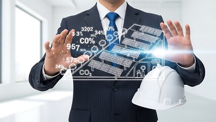 Businessman presenting sustainable energy solutions with smart technology