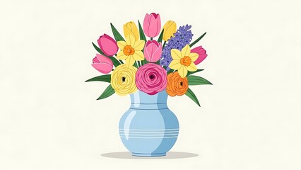 Vibrant spring bouquet featuring daffodils and tulips in a light blue vase illustration